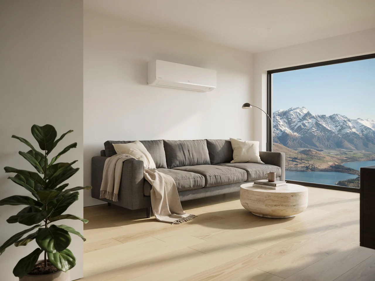 Heat pump installer fitting a unit in a Queenstown home